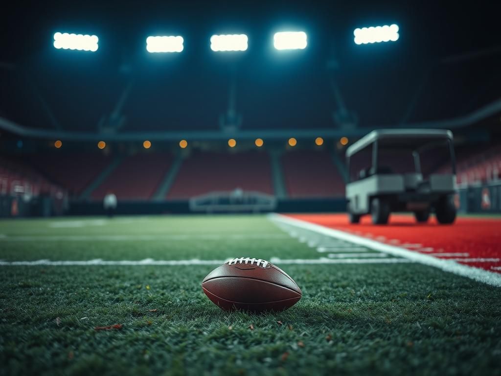 Flick International Close-up of a football field at night, featuring a scuffed football, with empty cart indicating an injured player