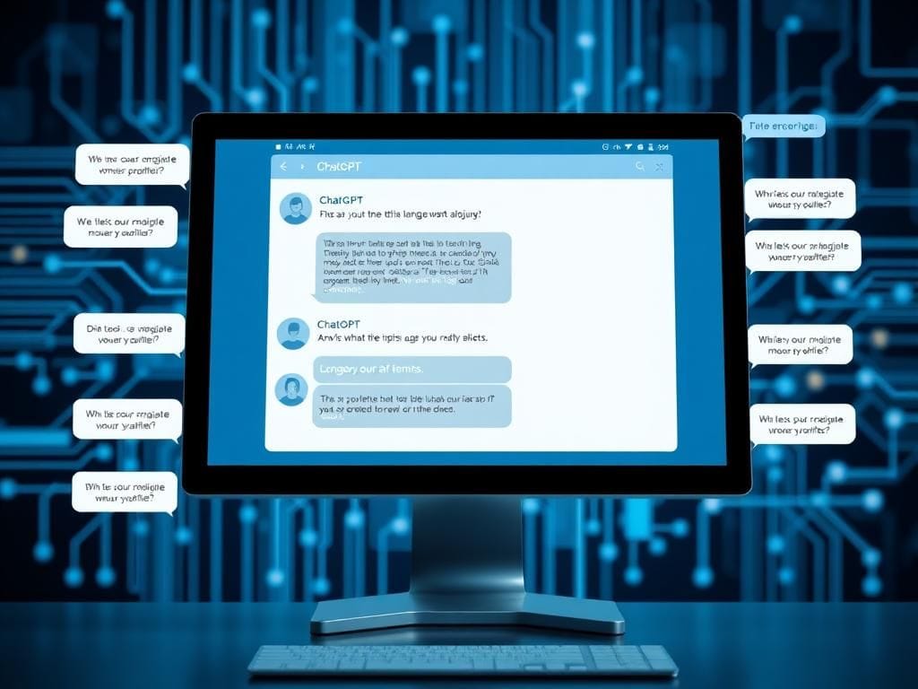 Flick International Close-up of a modern computer screen displaying the ChatGPT interface with text prompts