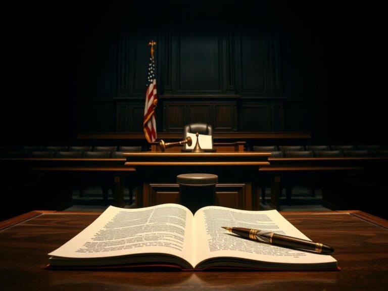 Flick International Dimly lit courtroom scene with judge's bench, gavel, and legal documents.