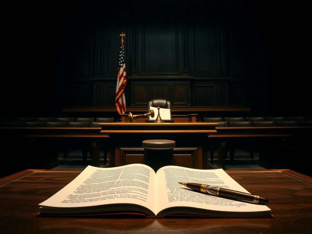 Flick International Dimly lit courtroom scene with judge's bench, gavel, and legal documents.