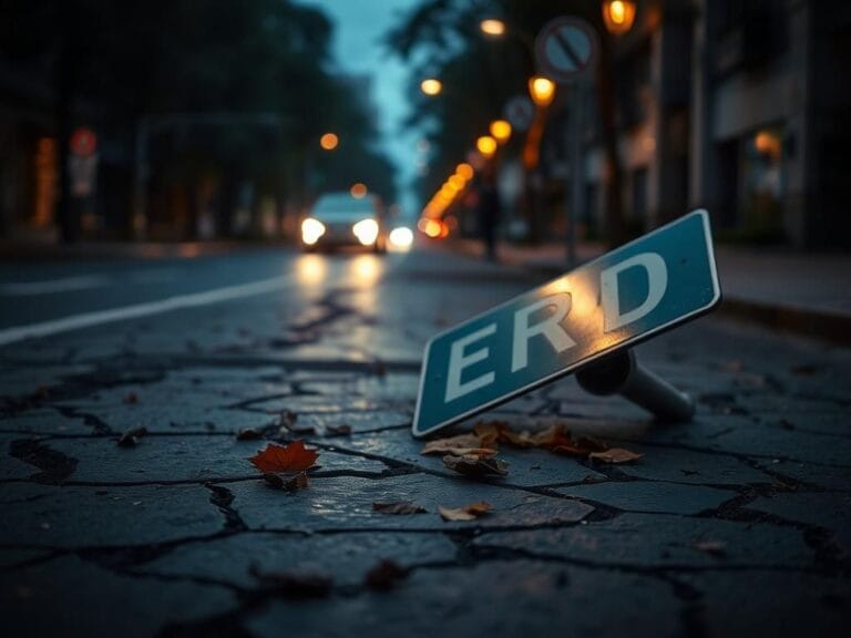 Flick International A dimly lit urban street at dusk showing tire marks and a toppled street sign after a hit-and-run incident.