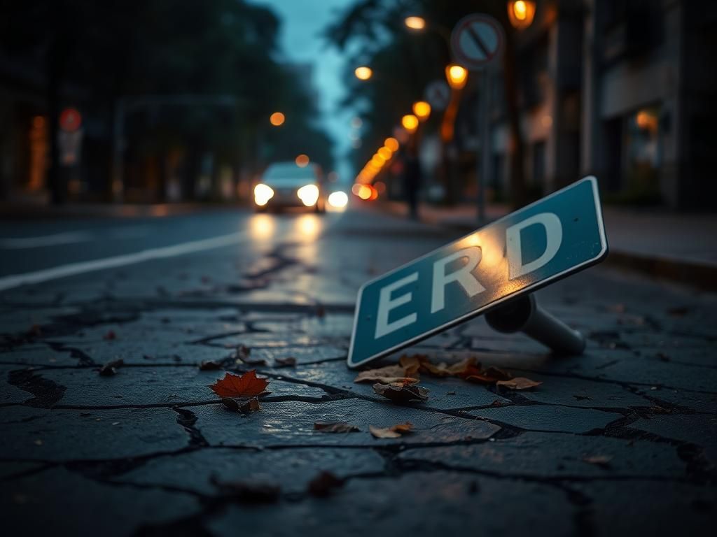 Flick International A dimly lit urban street at dusk showing tire marks and a toppled street sign after a hit-and-run incident.