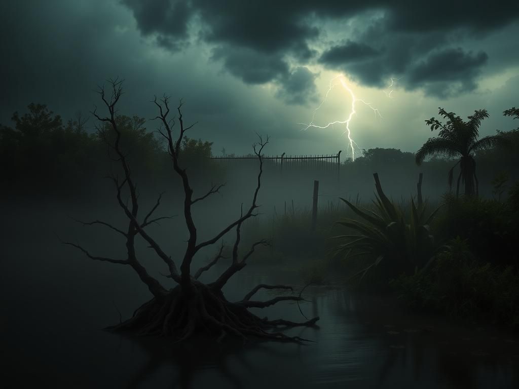 Flick International Dramatic bayou landscape in Louisiana with gnarled cypress trees and storm clouds