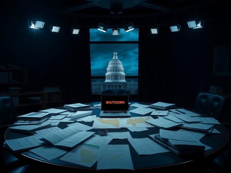 Flick International Dimly lit government office with documents and a laptop showing a shutdown alert