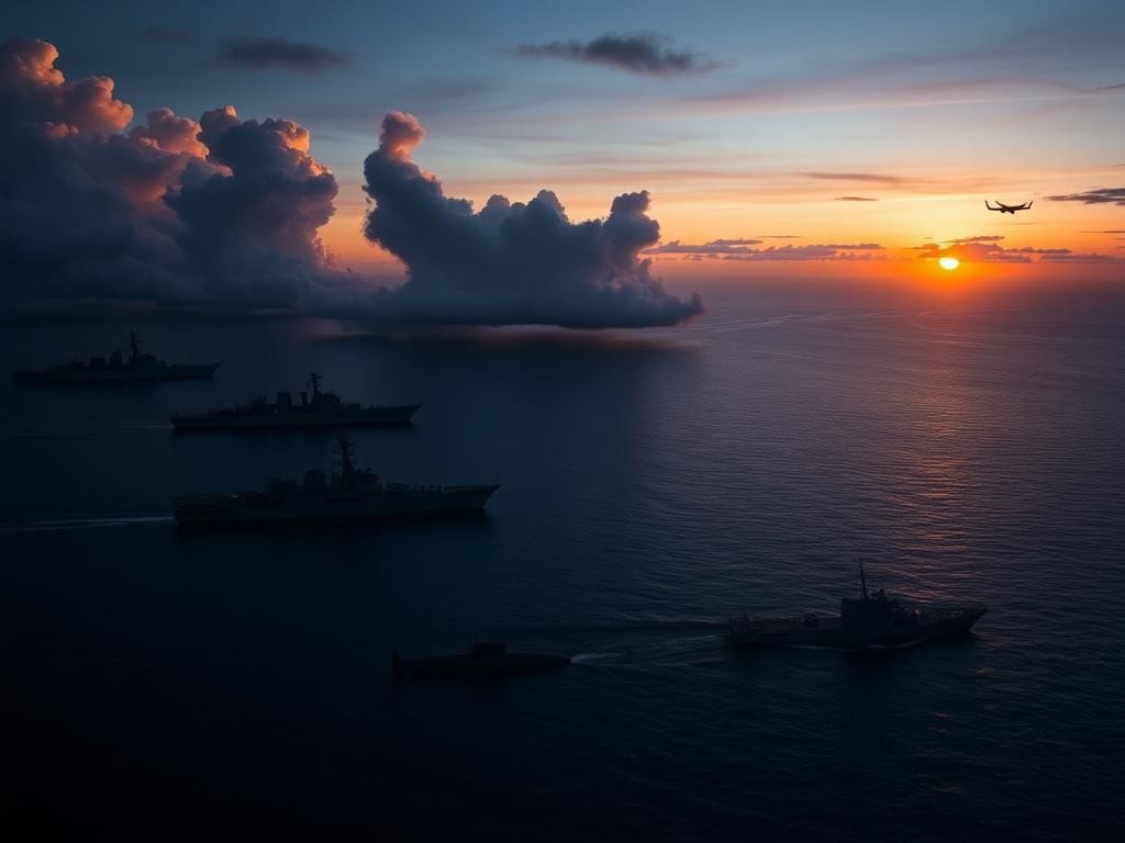 Flick International Aerial view of U.S. Navy warships and a submarine in the Caribbean Sea at dusk