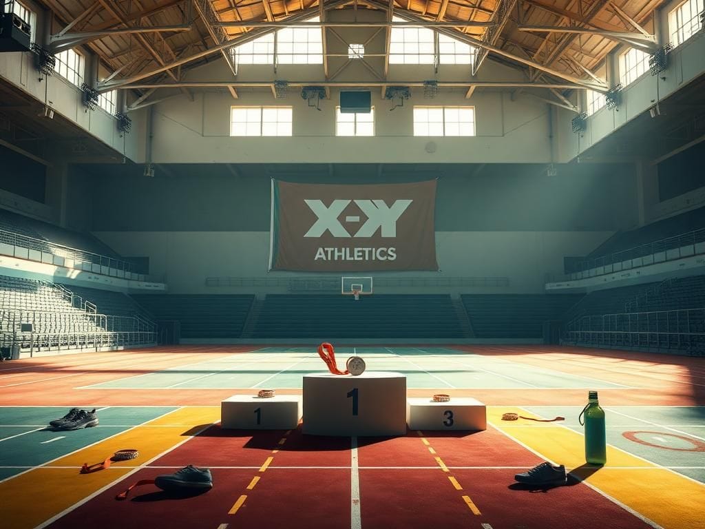 Flick International A vibrant sports arena filled with energy, featuring empty podiums and a banner for XX-XY Athletics.