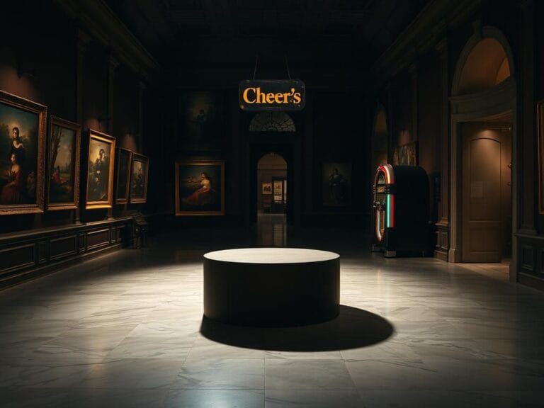 Flick International Dimly lit interior of an art museum with an empty pedestal