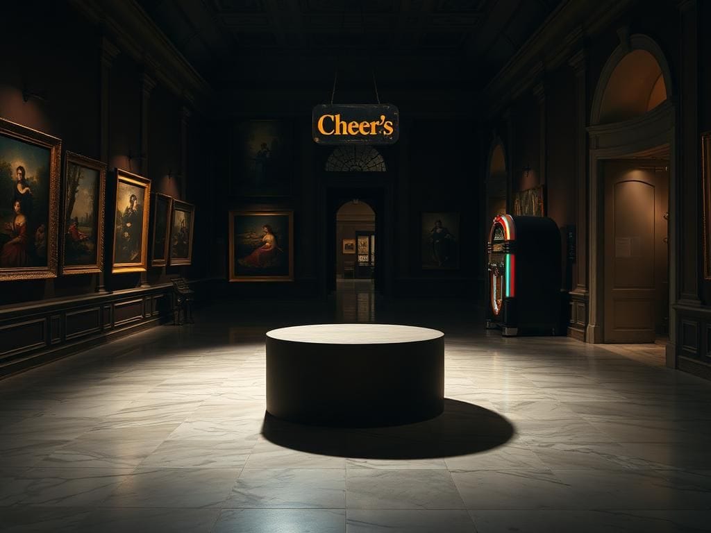 Flick International Dimly lit interior of an art museum with an empty pedestal