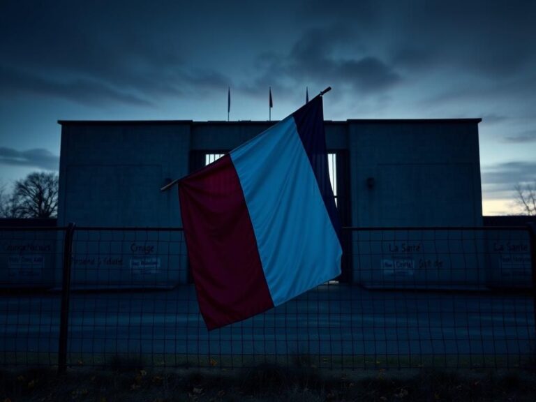 Flick International A twilight view of La Santé prison gates with a weathered French flag.