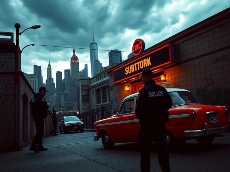 Flick International A vintage red and white taxi cab in front of a Manhattan subway station with armed security personnel in the shadows