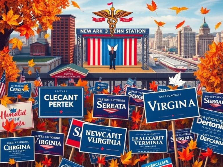 Flick International A vibrant campaign scene showcasing colorful lawn signs and banners from Democratic gubernatorial candidates in New Jersey and Virginia.