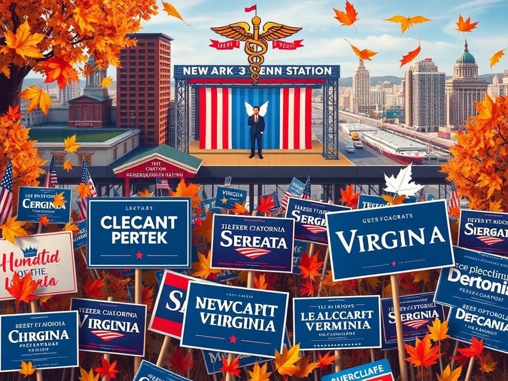 Flick International A vibrant campaign scene showcasing colorful lawn signs and banners from Democratic gubernatorial candidates in New Jersey and Virginia.