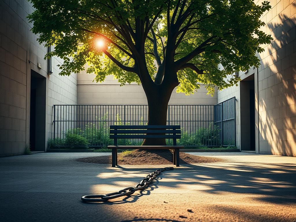 Flick International A serene and introspective prison yard with a bench under a tree, symbolizing reflection.