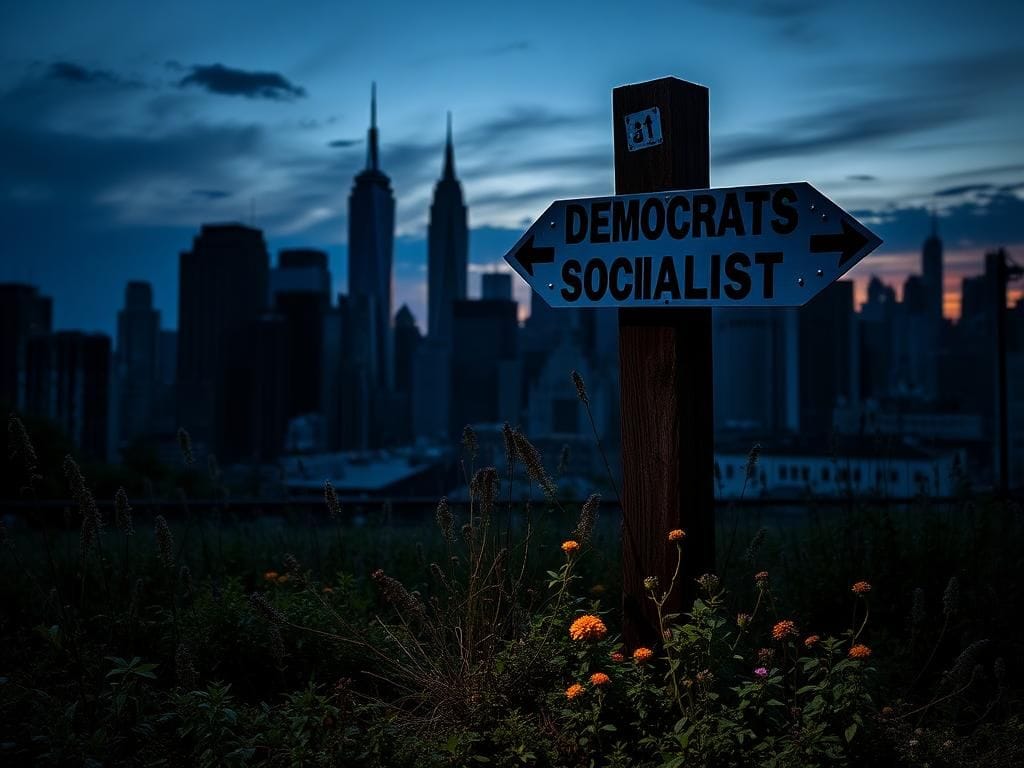 Flick International Urban skyline at dusk with political signpost symbolizing Democratic and Socialist divides