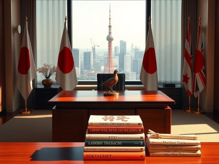 Flick International Minimalist office interior with Japanese and British flags, symbolizing historic political change in Japan