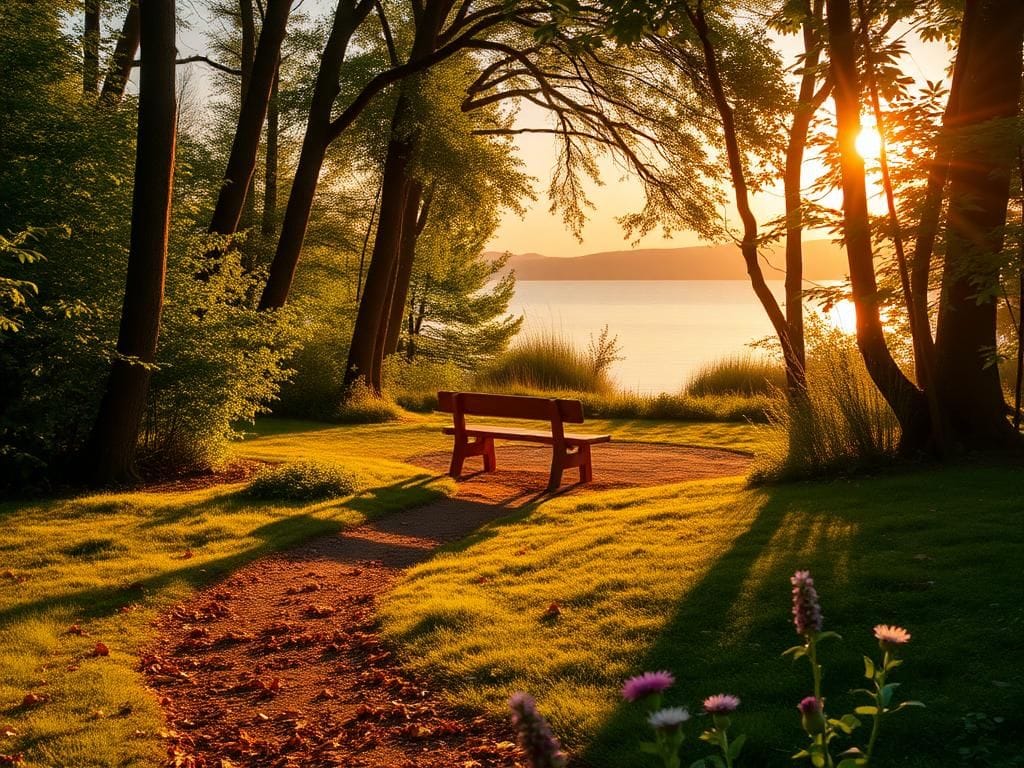 Flick International Serene forest clearing with a bench overlooking a calm lake at sunset