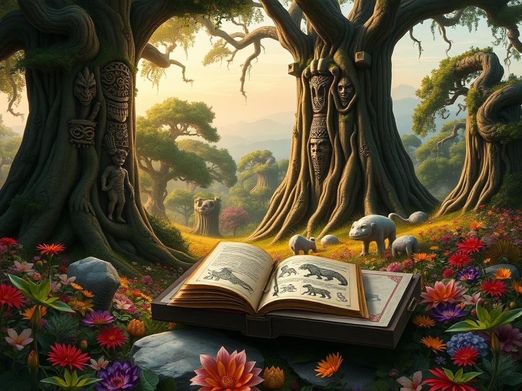 Flick International A vibrant fantasy landscape inspired by decolonization themes, featuring ancient trees and colorful flora.