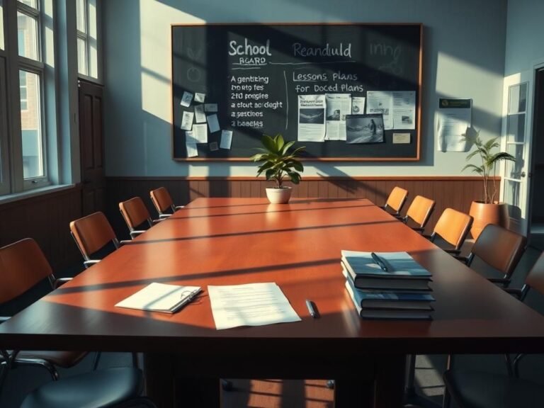 Flick International Empty school board meeting room with a wooden table and chairs, casting shadows