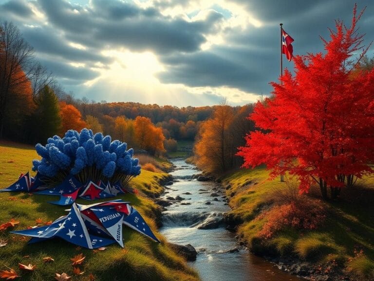 Flick International Autumn landscape depicting political symbolism with contrasting Democratic and Republican elements