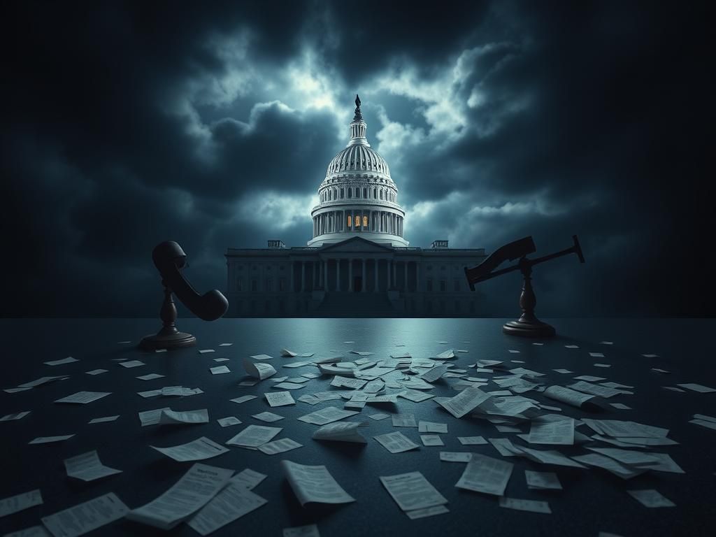 Flick International Abstract representation of U.S. Capitol building with fragmented phone records symbolizing political tension