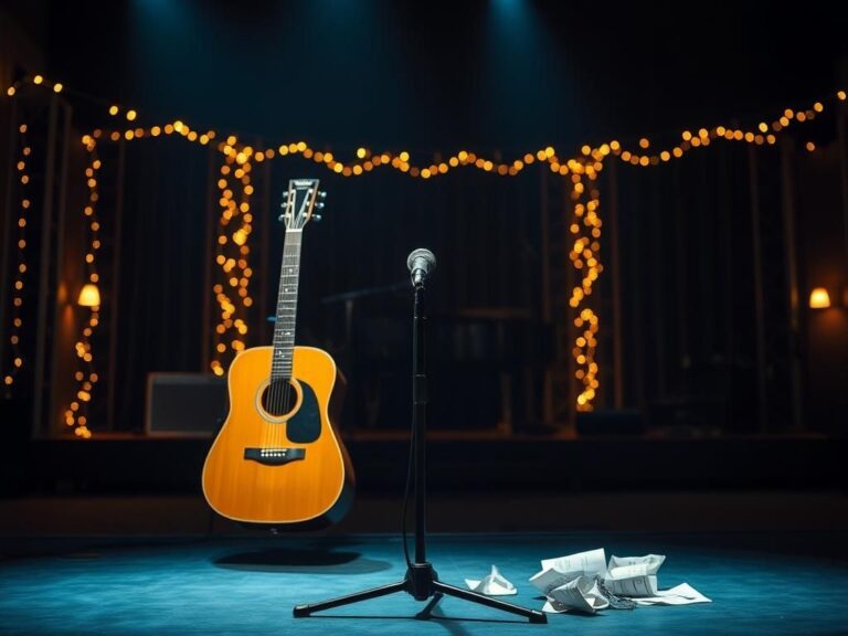 Flick International Dimly lit concert stage in Nashville with an acoustic guitar on a stand