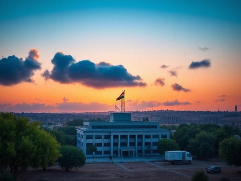 Flick International A dramatic landscape of Gaza featuring the newly established Civilian Military Cooperation Center against a peaceful sunset.