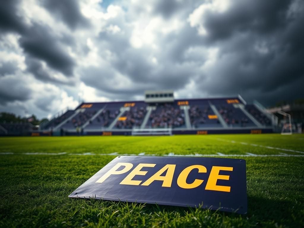 Flick International Empty bleachers at JMU football stadium with a discarded sign reading 'PEACE'
