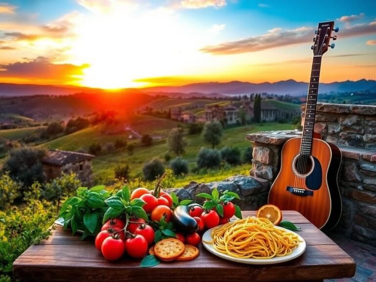 Flick International Serene Italian countryside landscape at dusk with olive trees and vineyards