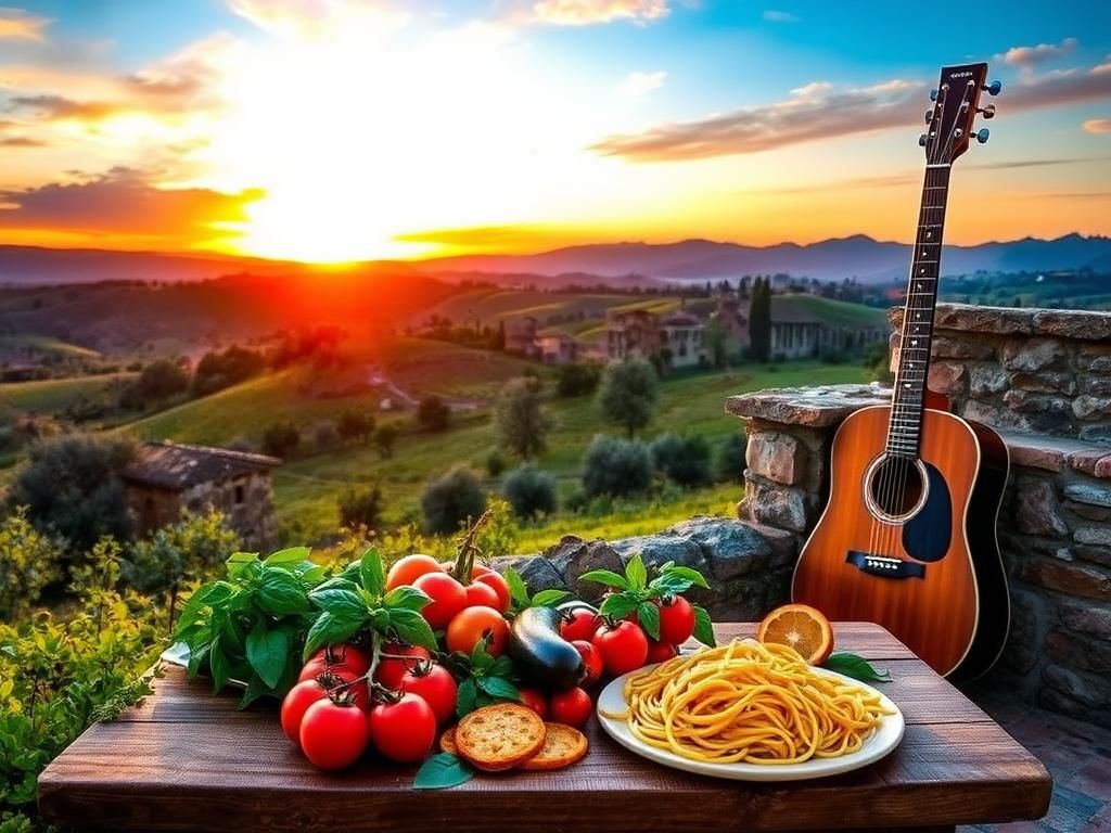 Flick International Serene Italian countryside landscape at dusk with olive trees and vineyards