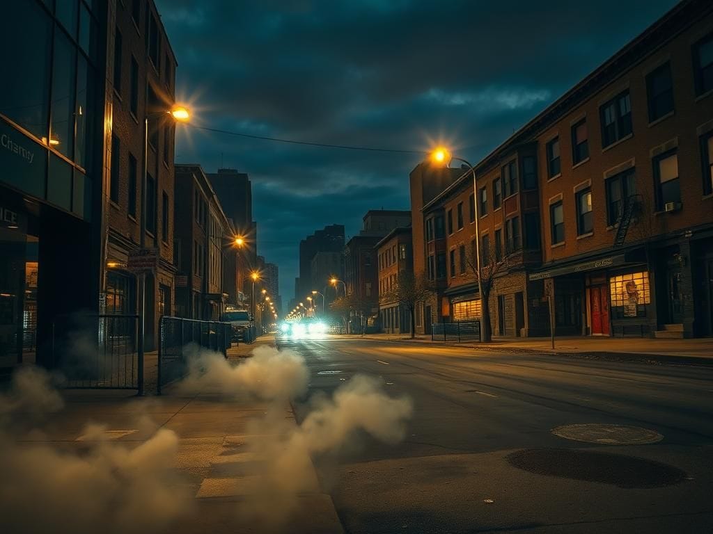 Flick International Nighttime view of a Chicago neighborhood showing tear gas in the air