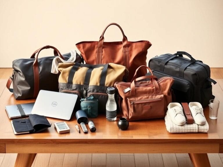 Flick International A stylish collection of work and weekend bags arranged on a minimalist wooden table.