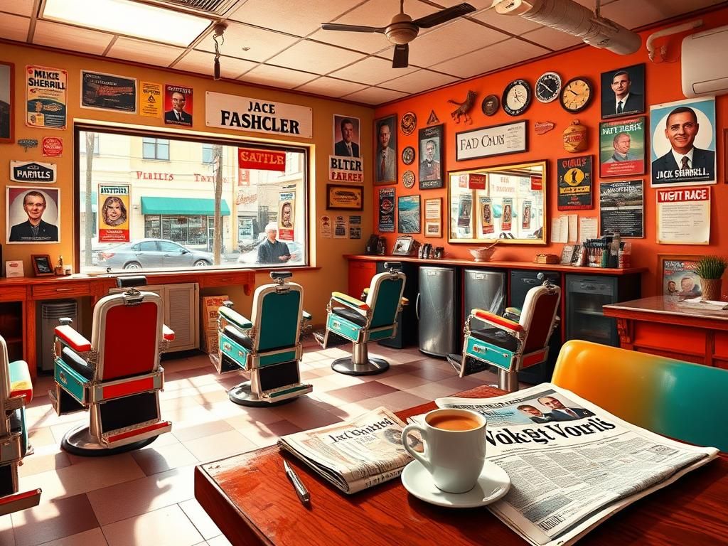 Flick International A vibrant barbershop scene in Trenton, New Jersey, displaying colorful barber chairs and vintage decorations.