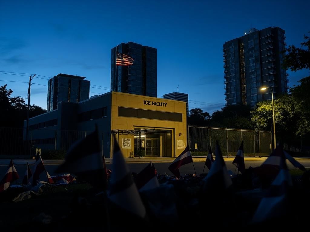 Flick International Exterior view of the ICE facility in Portland, with an American flag, amidst remnants of protest.