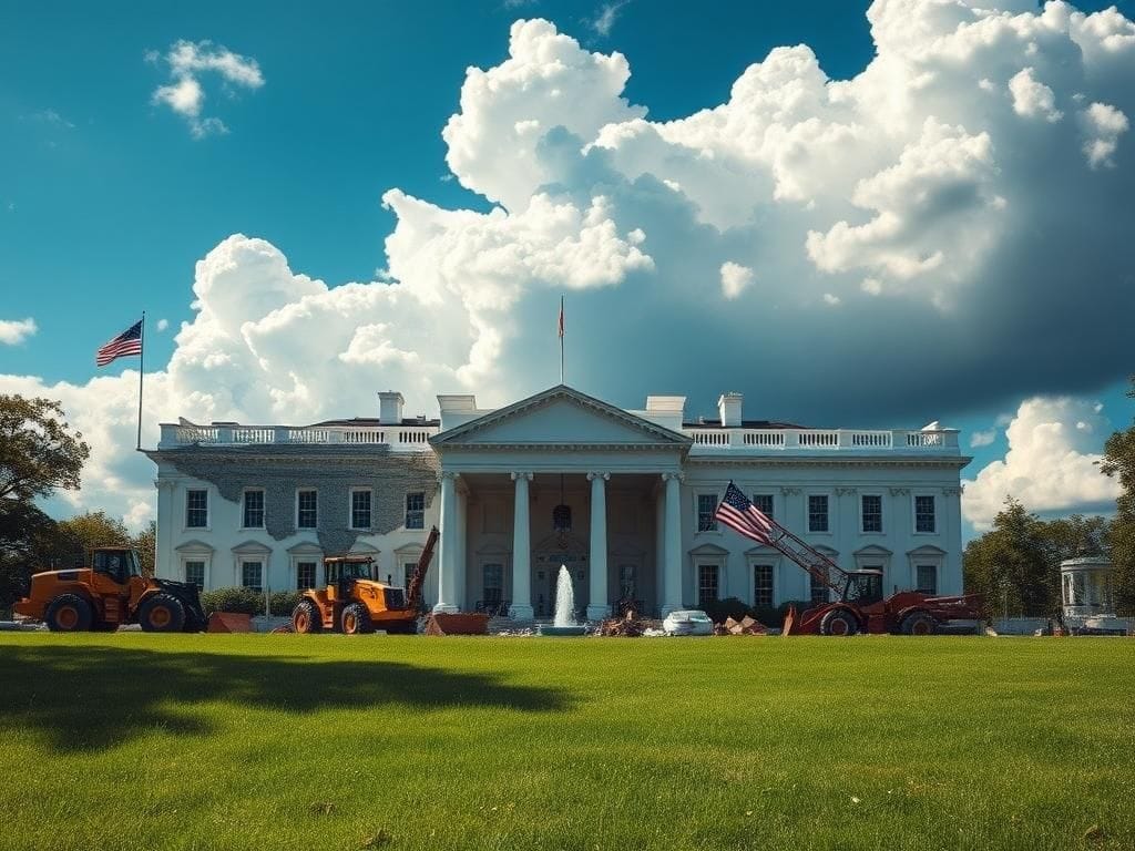 Flick International Dramatic scene of the White House construction site with heavy machinery