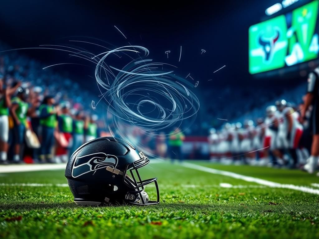 Flick International Abstract representation of a football sideline scuffle featuring a fallen player's helmet symbolizing chaos