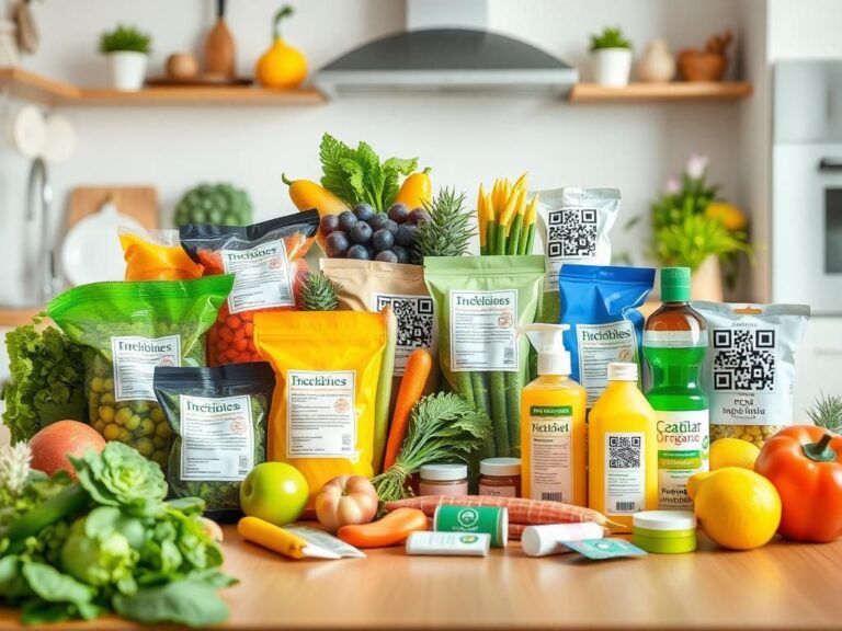 Flick International Vibrant assortment of labeled food and personal care products on a wooden kitchen table