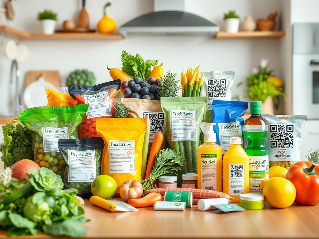 Flick International Vibrant assortment of labeled food and personal care products on a wooden kitchen table