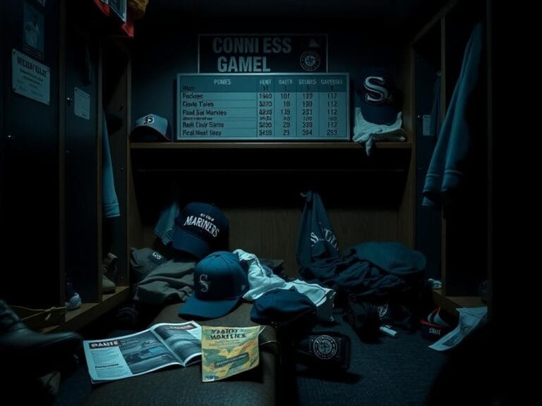 Flick International Dimly lit baseball locker room filled with Mariners gear and a sense of defeat