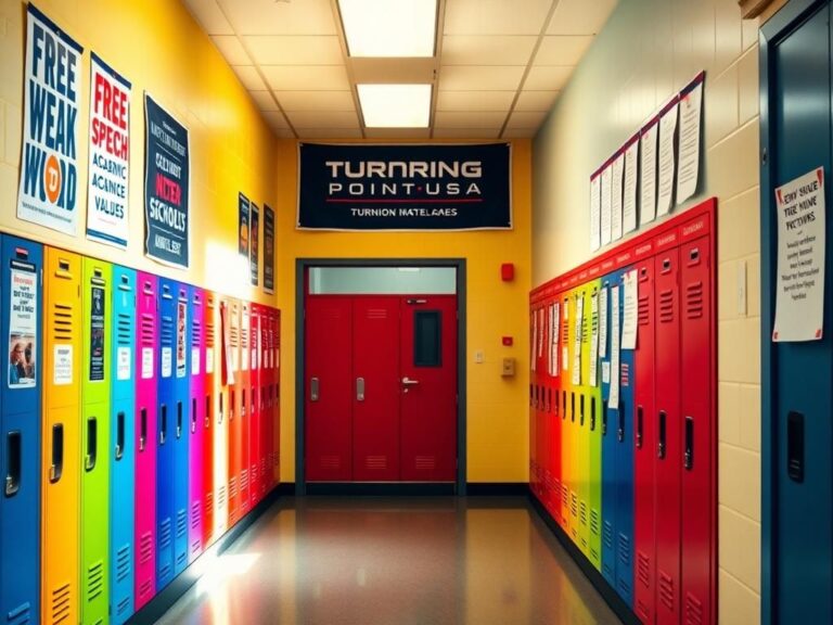 Flick International A vibrant school hallway featuring colorful lockers and a Turning Point USA banner