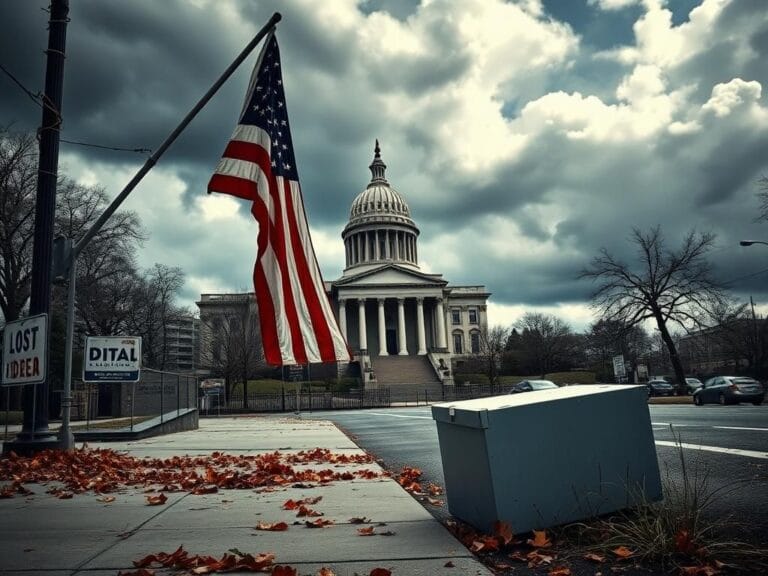 Flick International Fragmented American flag hanging limply against a crumbling political building symbolizing a broken political system