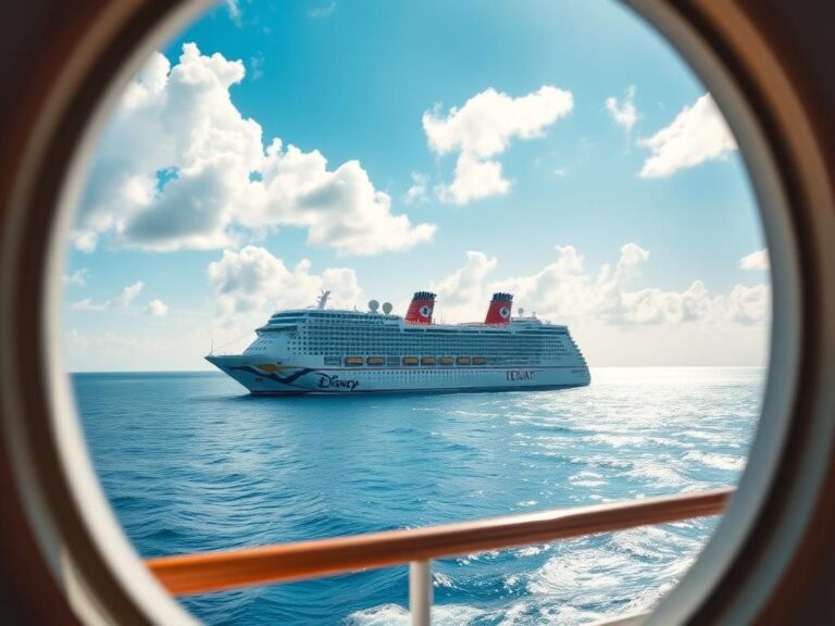 Flick International Distant view of the Disney Dream cruise ship with open porthole framed by the railing