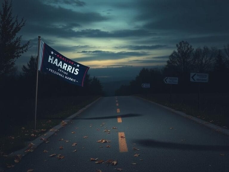 Flick International A reflective scene of an empty presidential campaign trail with a worn-out Kamala Harris banner