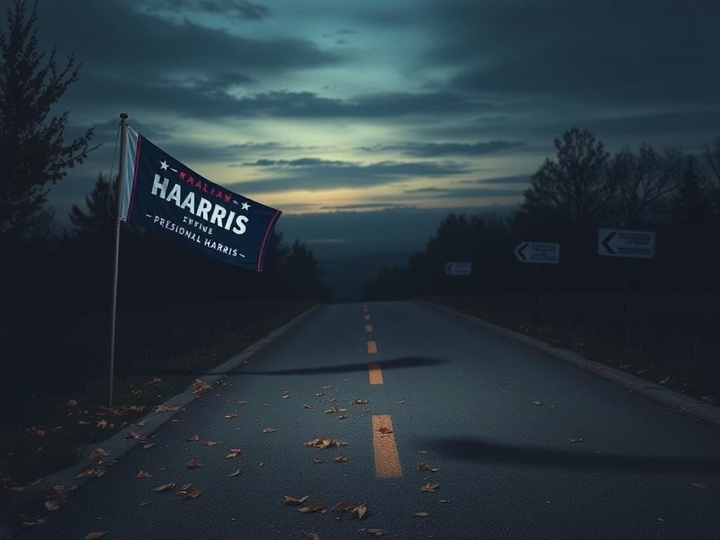 Flick International A reflective scene of an empty presidential campaign trail with a worn-out Kamala Harris banner
