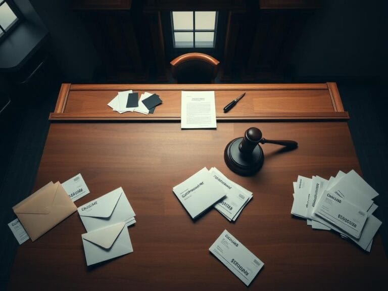 Flick International Overhead view of a courtroom with a judge's bench, legal documents, and gavel