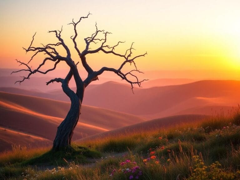 Flick International A solitary, weathered tree symbolizing resilience against a sunset backdrop.