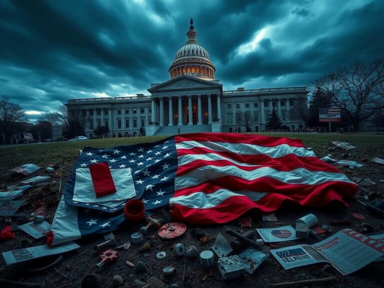 Flick International A tattered American flag surrounded by debris symbolizing political extremism