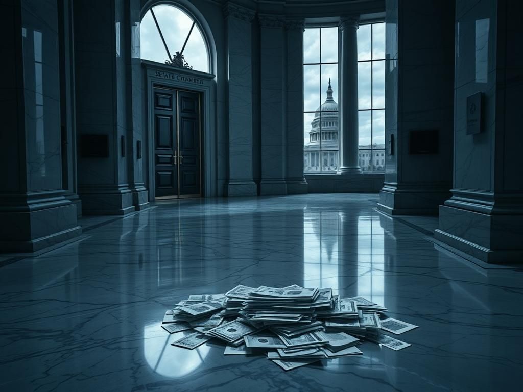 Flick International A polished, grand marble hallway in a government building with an ajar door labeled 'Senate Chamber'