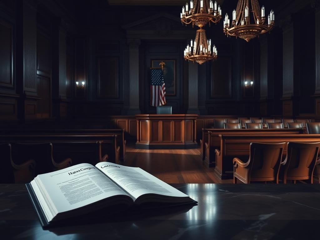 Flick International A somber courtroom scene in an appellate court highlighting wooden benches and chandeliers