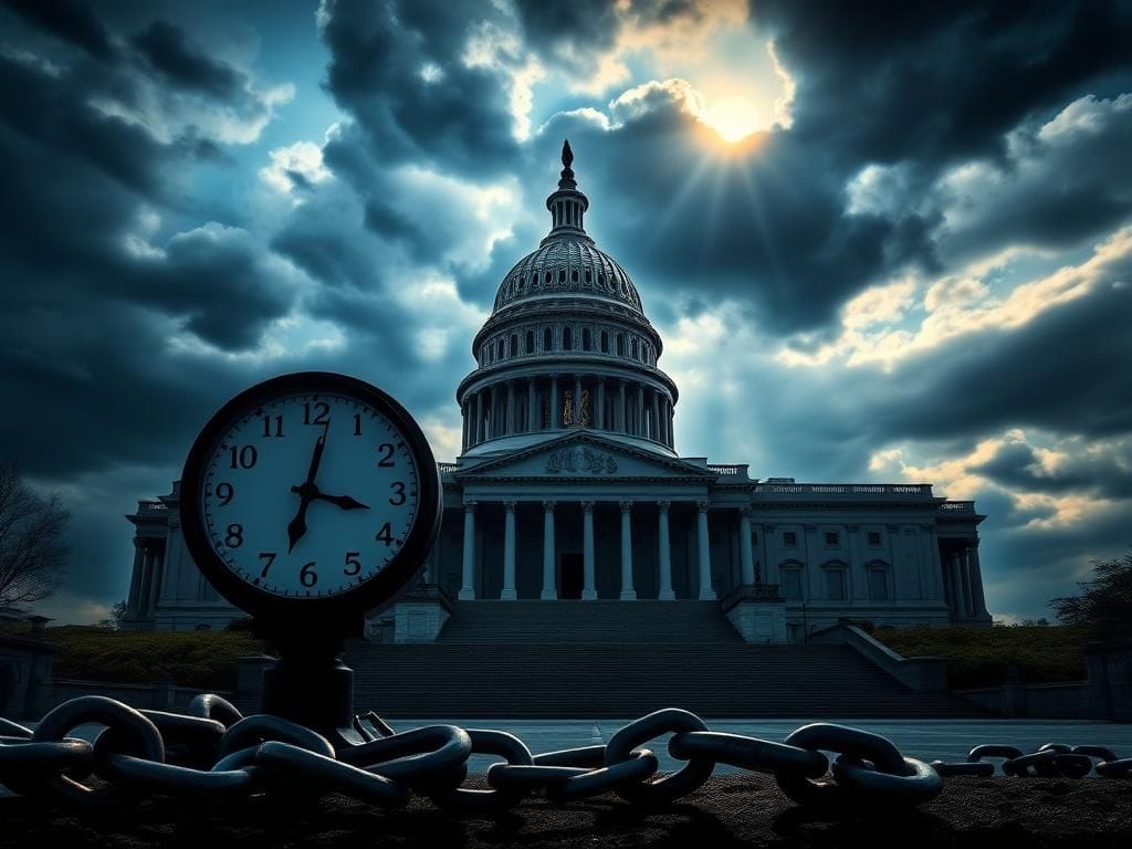 Flick International Dark clouds loom over the U.S. Capitol building, symbolizing political tension during the government shutdown.