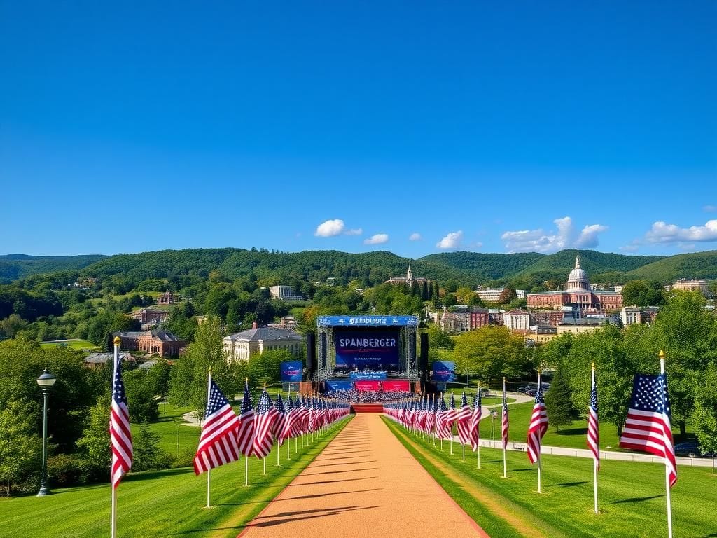 Flick International Vibrant rally scene in Charlottesville, Virginia, with American flags and campaign banners for Abigail Spanberger.